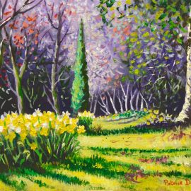 A painting of a Spring scene in an English Gardens